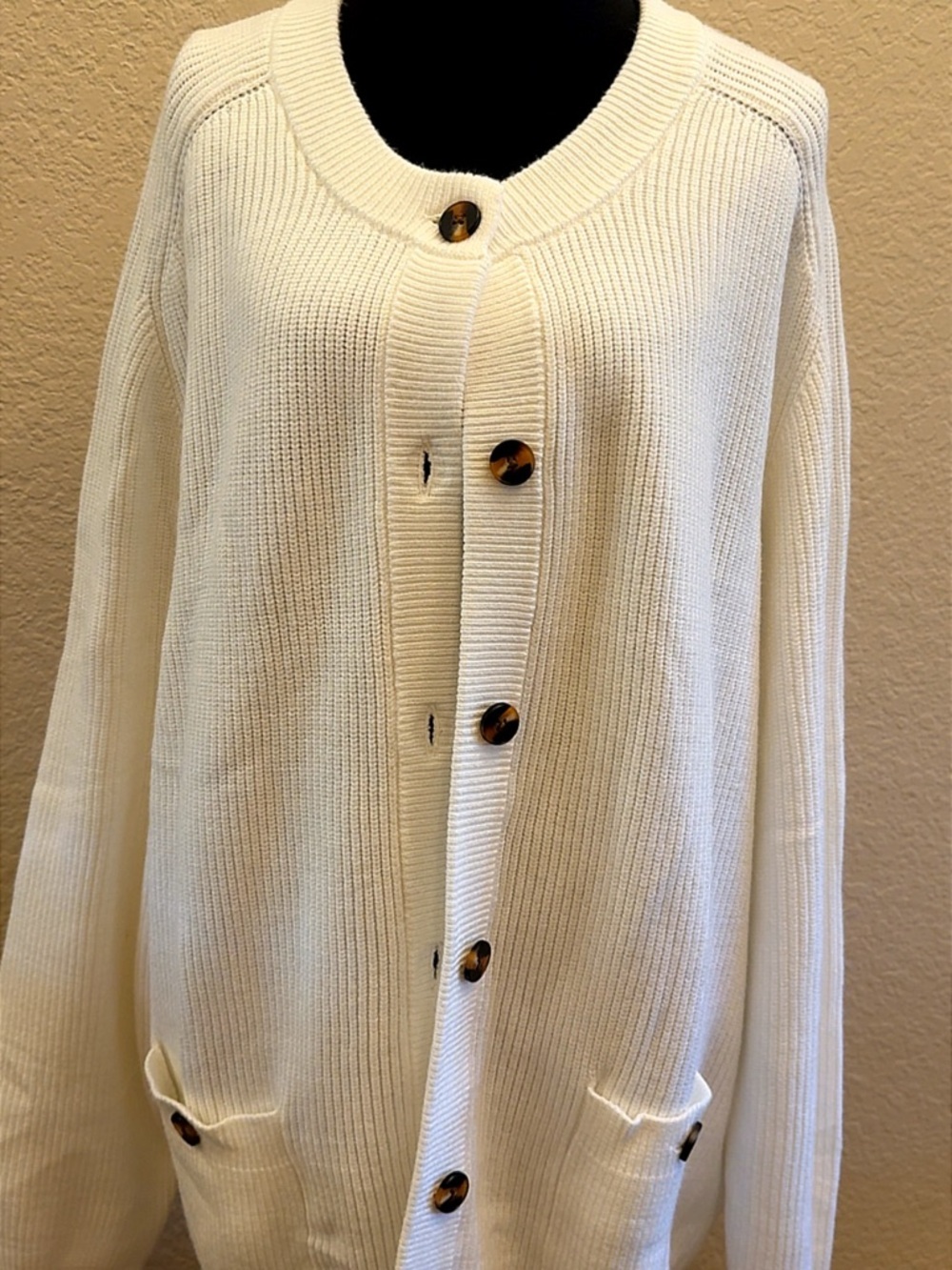 Women’s Cream Ribbed Button Cardigan Sweater - Picture 11 of 16